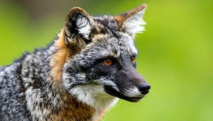 Obraz premium Close-up of a grey fox's head and shoulders against a blurred green background