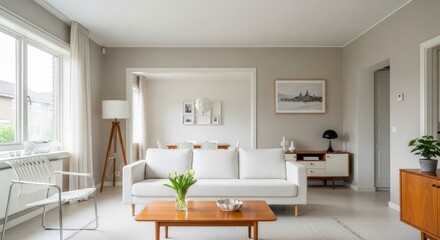Bright Interior Featuring a Comfortable White Sofa, Wooden Coffee Table, and Natural Light from the Window