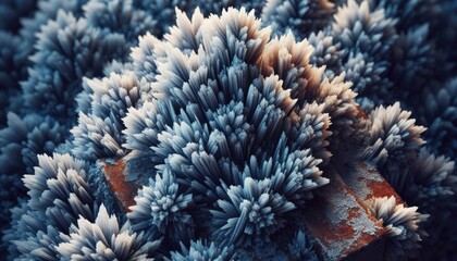 Spiky blue and white crystalline structures on a rusty surface