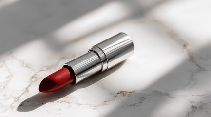 A crimson lipstick in a silver tube rests on a marble surface, illuminated by soft, diffused light casting shadows