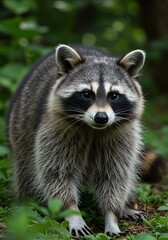 Fototapeta premium Wild Raccoon Standing in Green Forest Under Natural Light