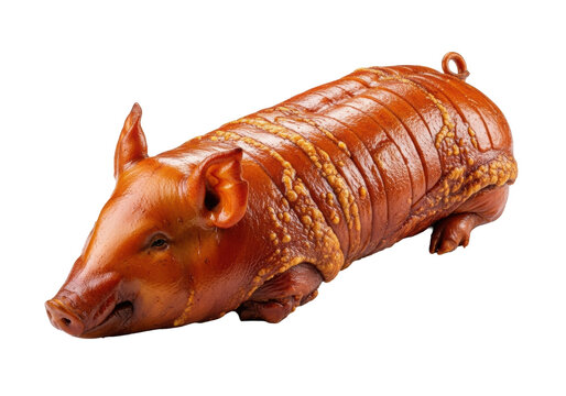 A whole roasted Filipino Lechon with crispy golden-brown skin and a succulent sheen, centrally positioned on a pristine transparent background, Concept for professional food advertising