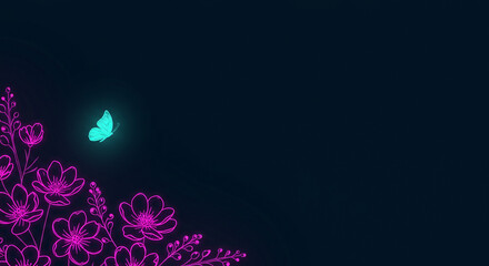 Background neon butterfly and floral design on dark background illustration for wallpaper art