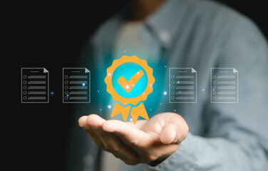 Businessman shows signs of quality assurance, guarantee, ISO certification, standardization...