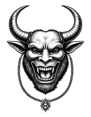 Ferocious bull head, detailed, snarling, adorned with ornate chain