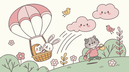 Cartoon scene with a baby and bunny in a hot air balloon and a tiger walking in a field with flowers