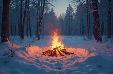 Bright campfire burns in snowy forest clearing at night. Wood logs radiate warmth and light. Tall trees dusted with snow surround the festive scene. Winter tradition, cold weather atmosphere.