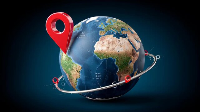 3D illustration of a globe with a prominent red location pin, showcasing geographical features and a circular orbit, symbolizing global connectivity and navigation in a digital world