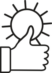 Sun with thumbs up icon representing warm weather or good climate conditions for weather forecast apps with transparent background
