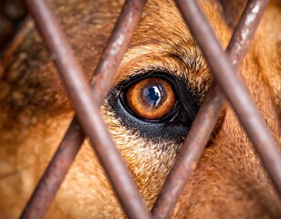 Close-up of a dog's eye behind rusty bars