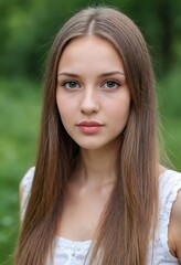 Fototapeta premium Woman with long brown hair and a white tank top