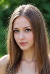Fototapeta premium Woman with long brown hair and green eyes