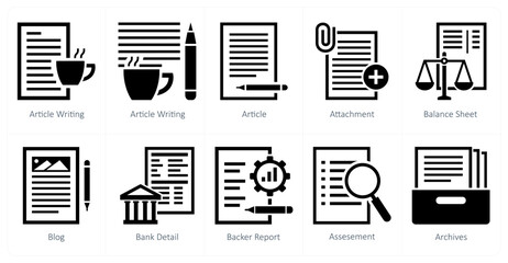 A set of 10 mix icons as article writing, article, attachment