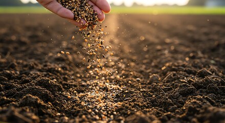Farmer Hand Spreading Seeds on Dark Soil in Agricultural Field at Sunset