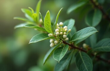 Fototapeta premium Close-up of bay laurel plant branch with small white flower buds, green leaves. This evergreen tree offers aromatic foliage, potential medicinal properties. Perfect for garden, nature, herbal themes.