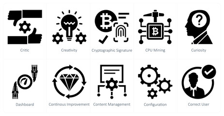A set of 10 mix icons as critic, creativity, cryptographic signature