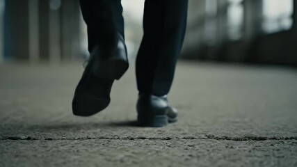 A businessman in formal trousers and black shoes walking away, symbolizing a professional journey or departure.