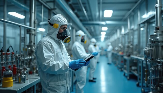 Workers in hazmat suits, respirators monitor equipment inside sterile laboratory factory. Strict safety protocols, protective gear ensure secure operations. Scene emphasizes compliance, vigilance,