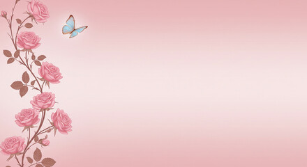 Background pink roses and butterfly background for valentine's day card floral decoration art design