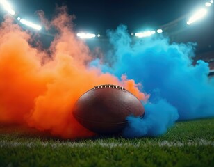 American football on green grass stadium turf surrounded by vibrant blue and orange smoke. Intense competition, dynamic energy, and celebration of victory under stadium lights. Passionate fan support.