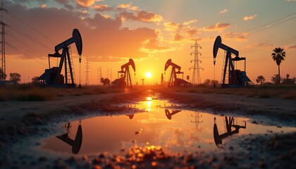 Oil pumps operate at sunset, reflecting in water puddle on dirt road. Power lines, transmission towers form part of industrial landscape. Sky displays vibrant orange, yellow hues with scattered