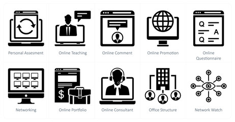 A set of 10 mix icons as personal assessment, online teaching, online comment