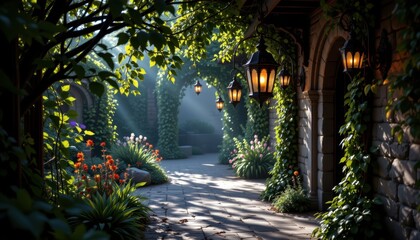Obraz premium lanterns hanging from twisted wrought iron hooks casting intricate shadows of vines and branches on the cobblestone paths of a gothic garden