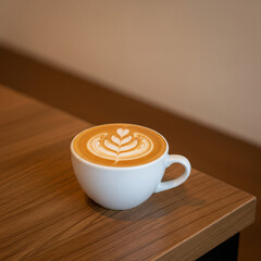 Freshly made cup of latte with elegant leaf-shaped milk foam art, placed on a wooden table in a cozy cafe setting.
