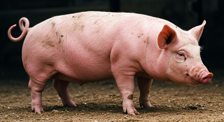 Pink Pig Standing on Soil in Outdoor Farm Setting