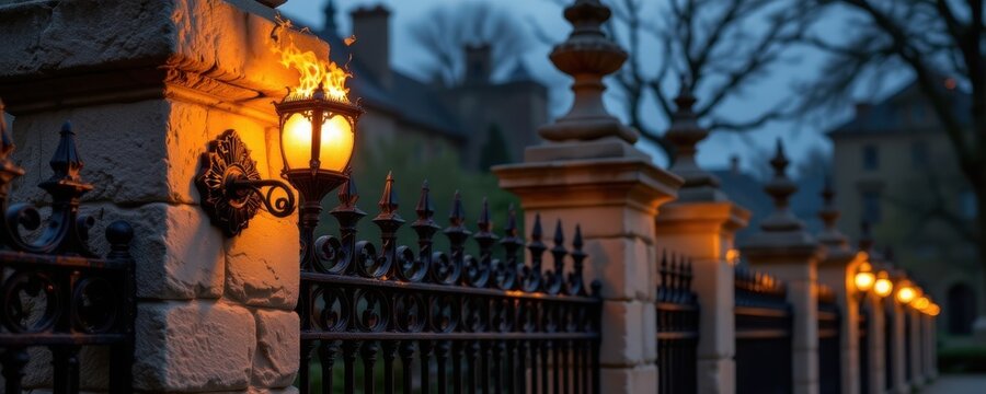 flickering torch sconces attached to stone pillars casting warm golden light on twisted black iron fencing and aged statues