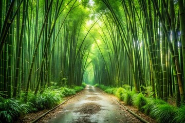 Road with a path through a forest of green bamboo