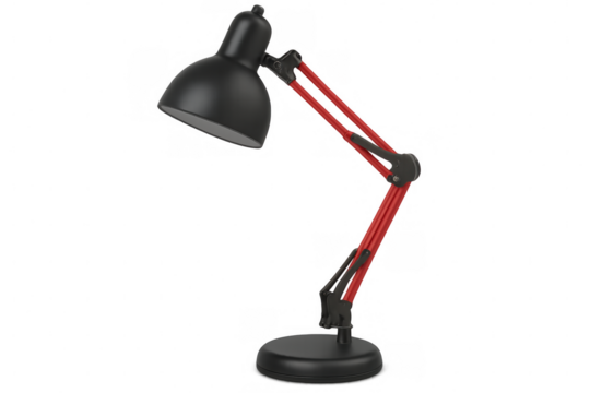 Black, red desk lamp lighting minimalist workspace, boosting creative energy in contemporary home office setting