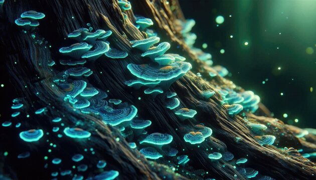 Tree bark covered in glowing blue bracket fungi surrounded by floating orbs