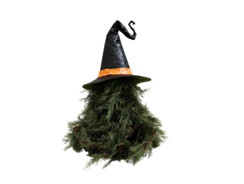 Christmas tree in a witch's hat for Halloween isolated on transparent or white background, png