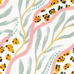 Whimsical Jungle Pattern: A lively and abstract pattern composed of playful forms and shapes, evoking a sense of joyful movement and artistic expression, inviting a creative journey.