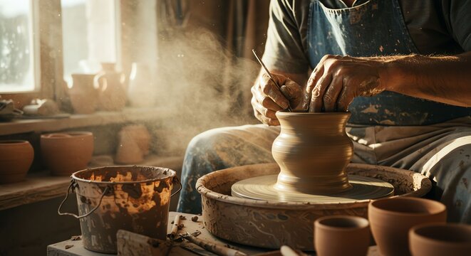 Pottery Artist Creating Clay Vase in Warm Studio Light - Powered by Adobe