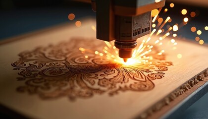Laser engraving machine precisely carves intricate floral patterns onto wood surface. Bright sparks fly from laser head, illuminating detailed work in progress. Advanced tool creates custom designs