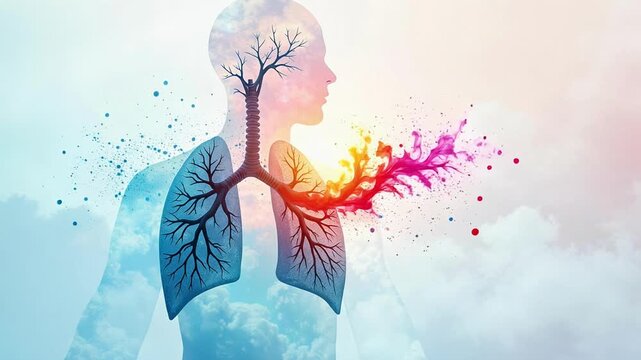 Dynamic watercolor lungs with flowing mist and particles symbolize breath, life, and serene profile for health, wellness, and medical concepts