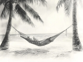 Peaceful hammock slung between palm trees on a tranquil beach