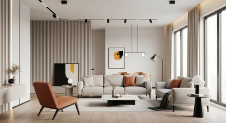 Elegant Interior Featuring Modern Furniture, Stylish Lighting, and Contemporary Art in a Bright and Airy Living Space