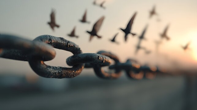 Close-up of a rusty metal chain link with birds flying in the blurred background during sunset. - Powered by Adobe