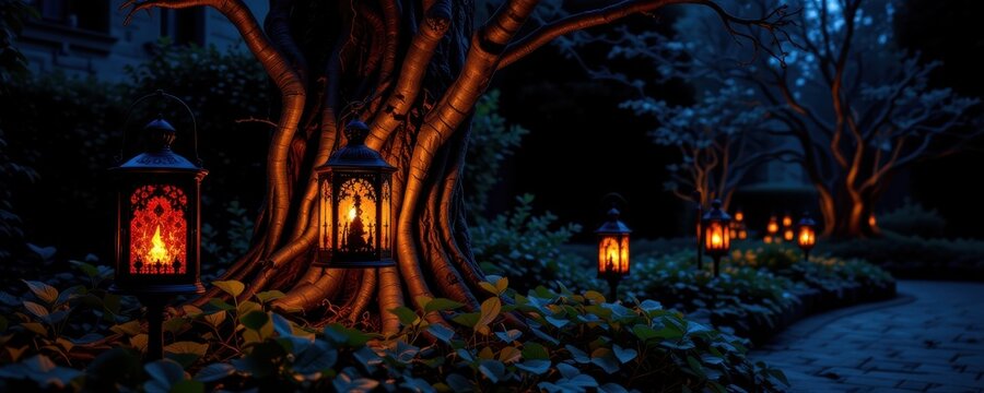 lanterns with gothic motifs casting patterned shadows on twisted tree bark and dark ivy in a nighttime garden setting