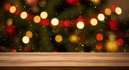 Wooden table with blurred Christmas tree and lights