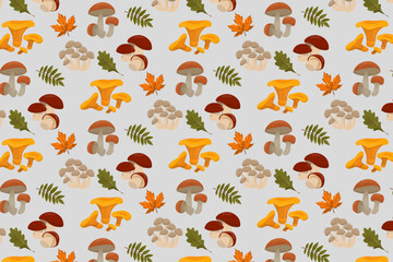 Seamless vector illustration of various mushrooms and autumn leaves on a light background. Includes chanterelles, boletus, and oak leaves, highlighting a natural autumn theme.