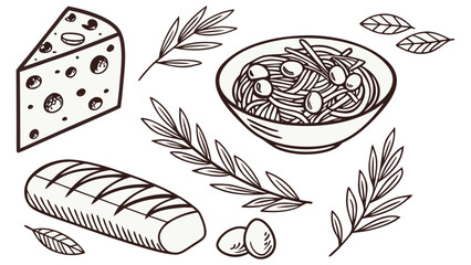 Delicious food illustration featuring cheese, pasta, bread, eggs and herbs for culinary designs projects on transparent background