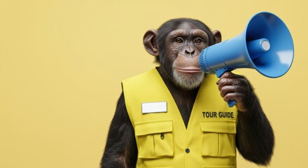 Curious chimp tour guide with megaphone ready to share exciting facts on your next adventure