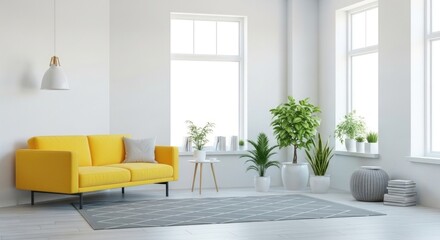 Bright Interior Featuring a Yellow Sofa, Plants, and Natural Light