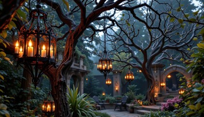 large iron chandeliers suspended from twisted trees glowing softly with candlelight illuminating a gothic garden clearing