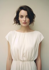 Obraz premium A happy british woman wear cream dress fashion portrait sleeve.
