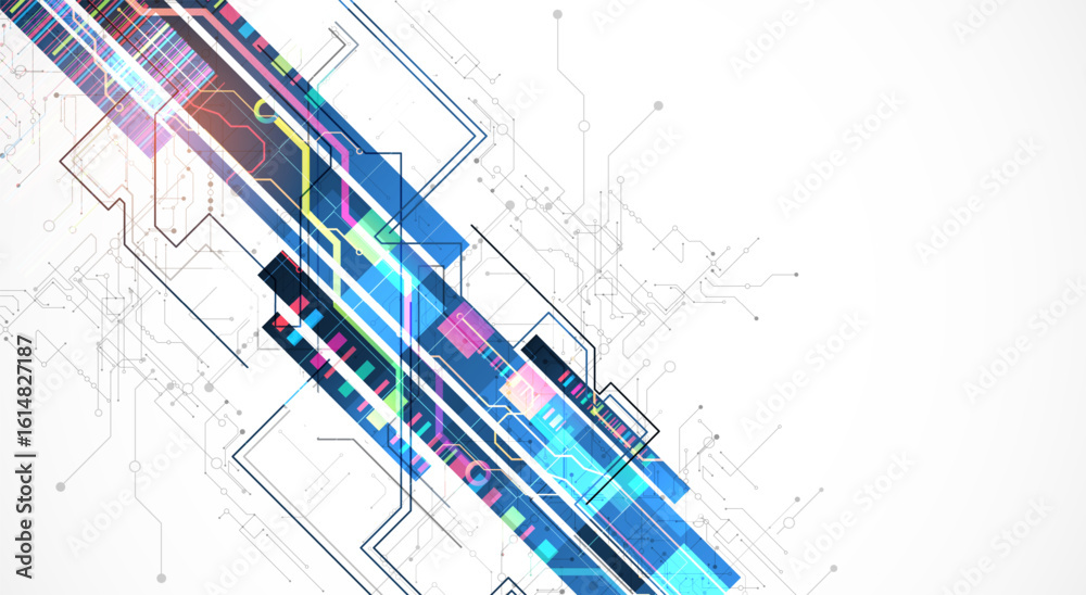 Wall mural technological background with colorful squares glowing on a blue gradient. vector.